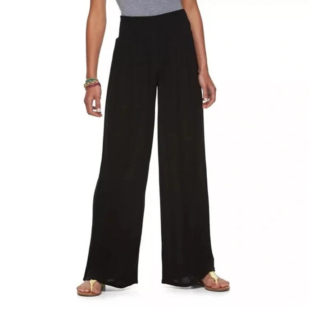 Joe B Elastic Smocked Waist Wide Leg Black Pants Women's Size XL Rayon Boho